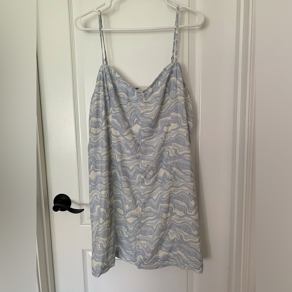 Abercrombie & Fitch Corset Seamed Linen-Blend Mini Dress Light Blue Print - XLP - Picture 2 of 7
